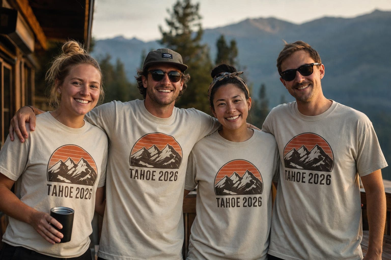 Four colleagues on a mountain lodge deck wearing matching printed offsite shirts