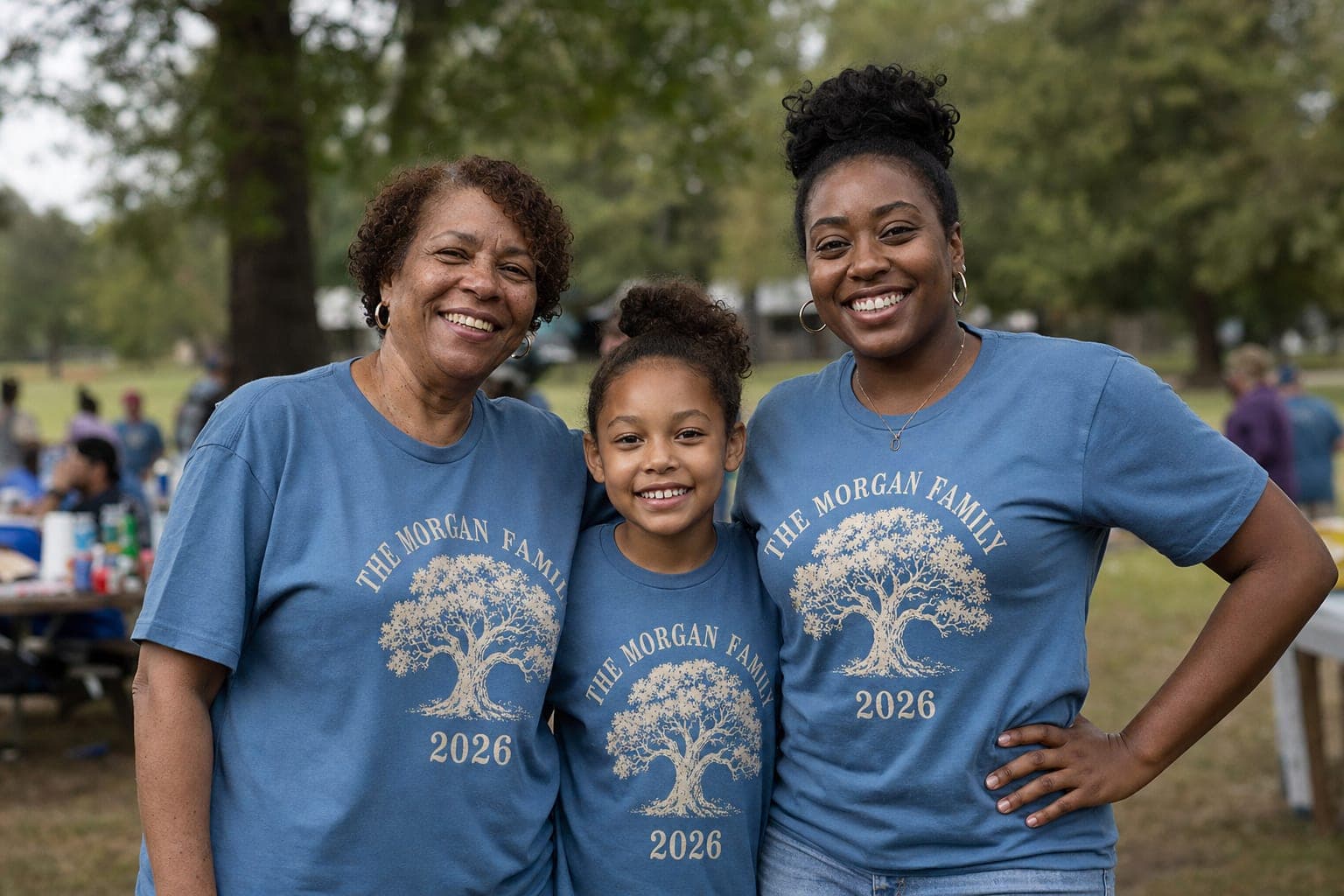 Three generations of a family at a park reunion wearing matching printed shirts