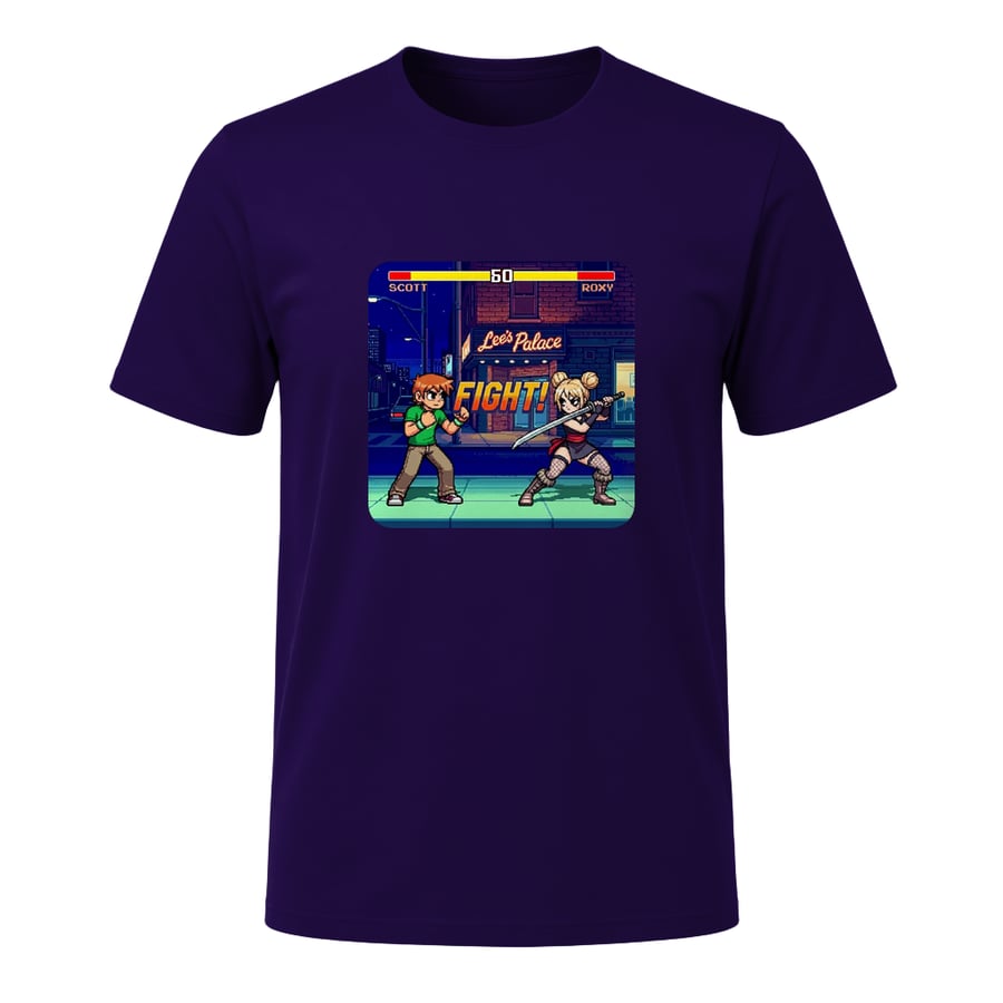 Pixelated Showdown: Scott vs Roxy, on a t-shirt